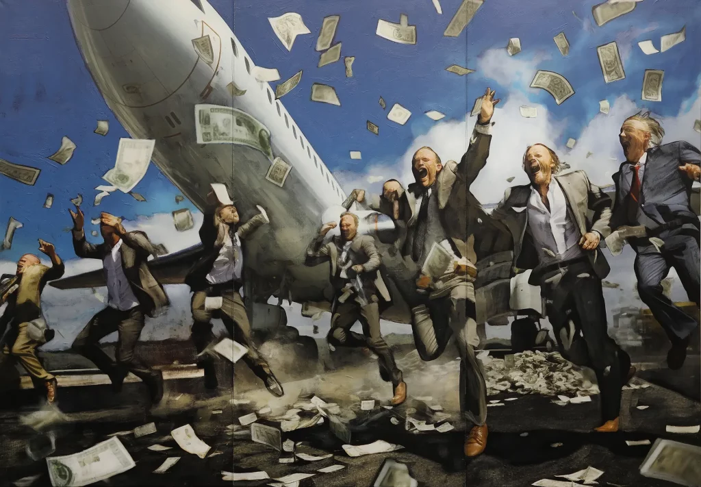 UNICORNS (Learjet) Tarmac, 2024. Mixed media, olje på lerret, scene fra Power Trilogy-serien, 283 x 199 cm