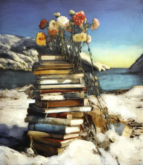 PT, Unicorns, Horizon (Olavsundet, Ny-Hellesund), mixed media, olje på MDF, 80 × 92 cm