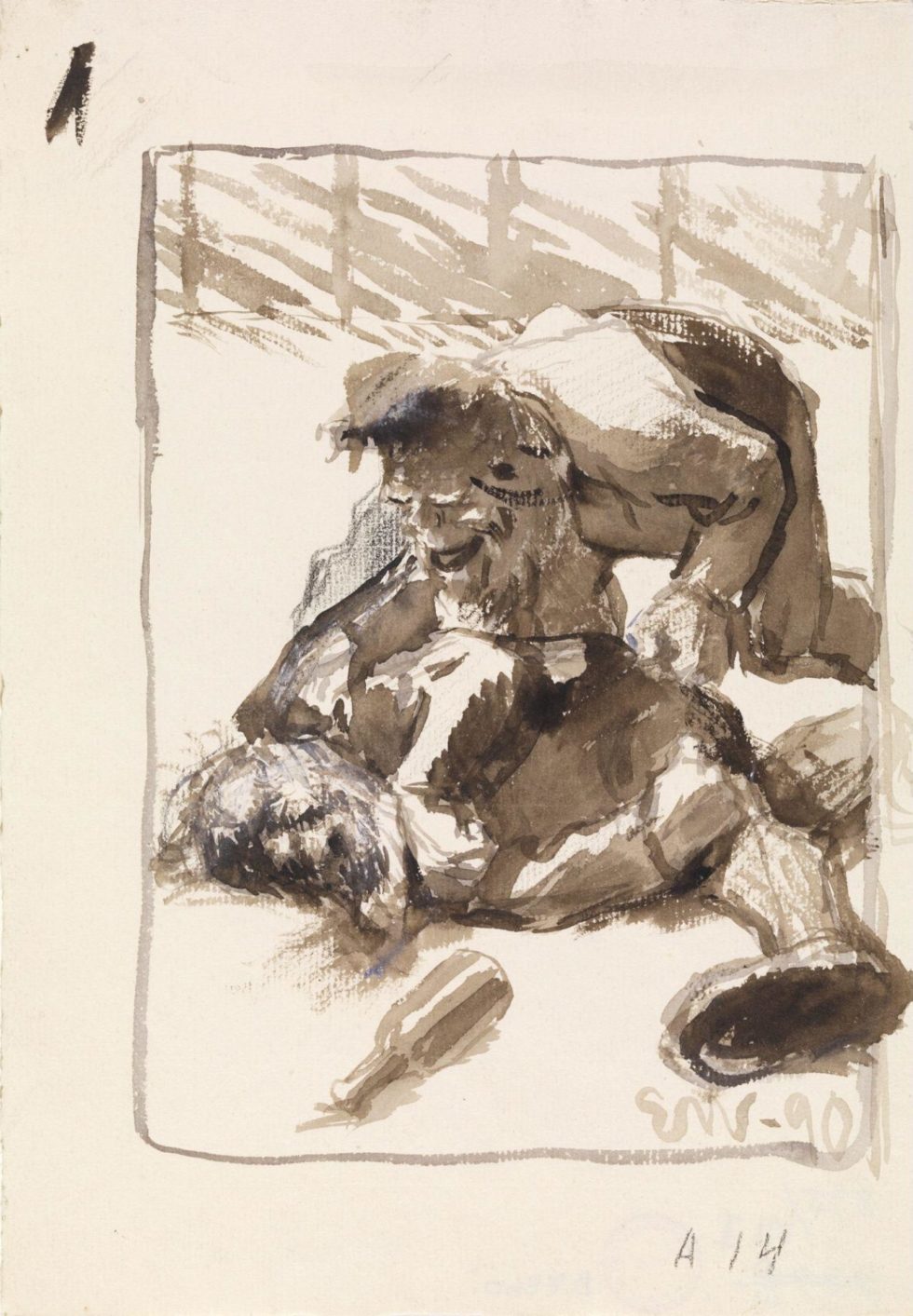 Nisser i slagsmål, 1890. Blyant, pensel og lavering på papir, 28,9 x 19,8 cm. Nasjonalmuseet. Foto: Dag Andre Ivarsøy