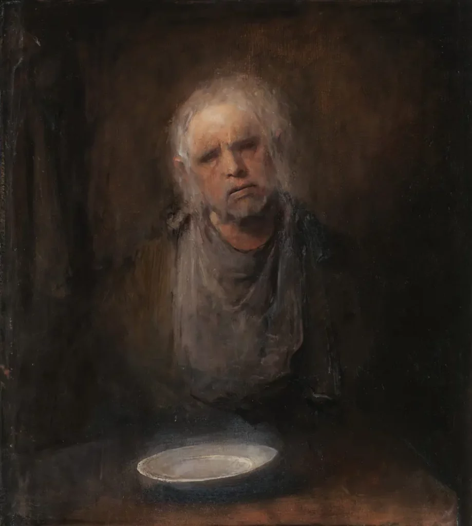 Odd Nerdrum, Self portrait with a plate, 2013–2014. Etter telefon fra politiet …